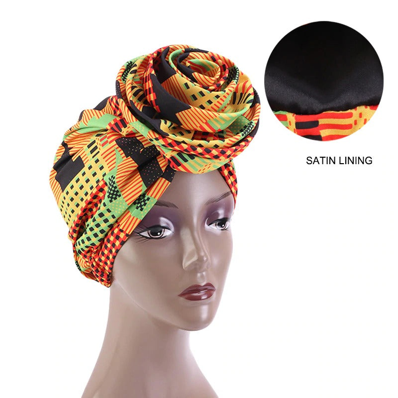 10 pieces - Pre-wrapped bandana / hat - African Kente Print Satin lined night cap