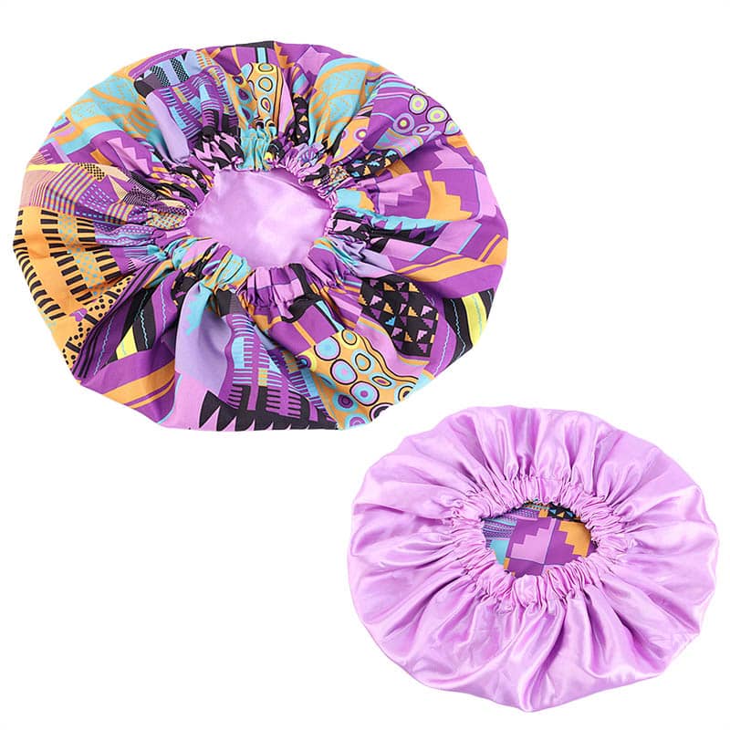10 pièces - Bonnet de cheveux imprimé Kente rose africain / violet (bonnet de nuit réversible doublé de satin)