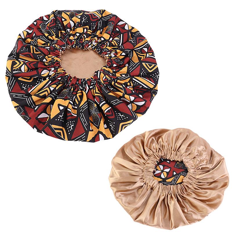 10 Stück - afrikanisches Schlammtuch / Haarhaube mit Bogolan-Print (satingefütterte umkehrbare Nachtschlafmütze)