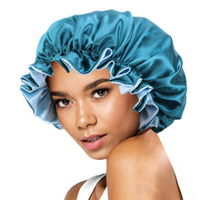 Load image into Gallery viewer, 10 pieces - Green Satin Hair Bonnet with edge ( Reversable Satin Night sleep cap )

