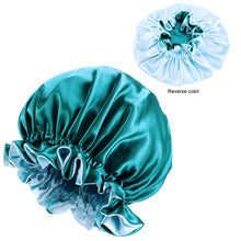 Load image into Gallery viewer, 10 pieces - Green Satin Hair Bonnet with edge ( Reversable Satin Night sleep cap )
