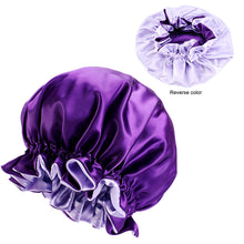 Charger l&#39;image dans la galerie, 10 pièces - Bonnet de cheveux en satin violet avec bord (bonnet de nuit en satin réversible)
