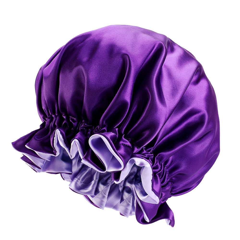 10 pièces - Bonnet de cheveux en satin violet avec bord (bonnet de nuit en satin réversible)