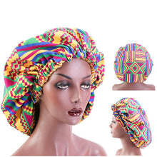Load image into Gallery viewer, 10 pieces - African Purple Green Kente Print Hair Bonnet ( Gold Satin lined  reversable Night sleep cap )
