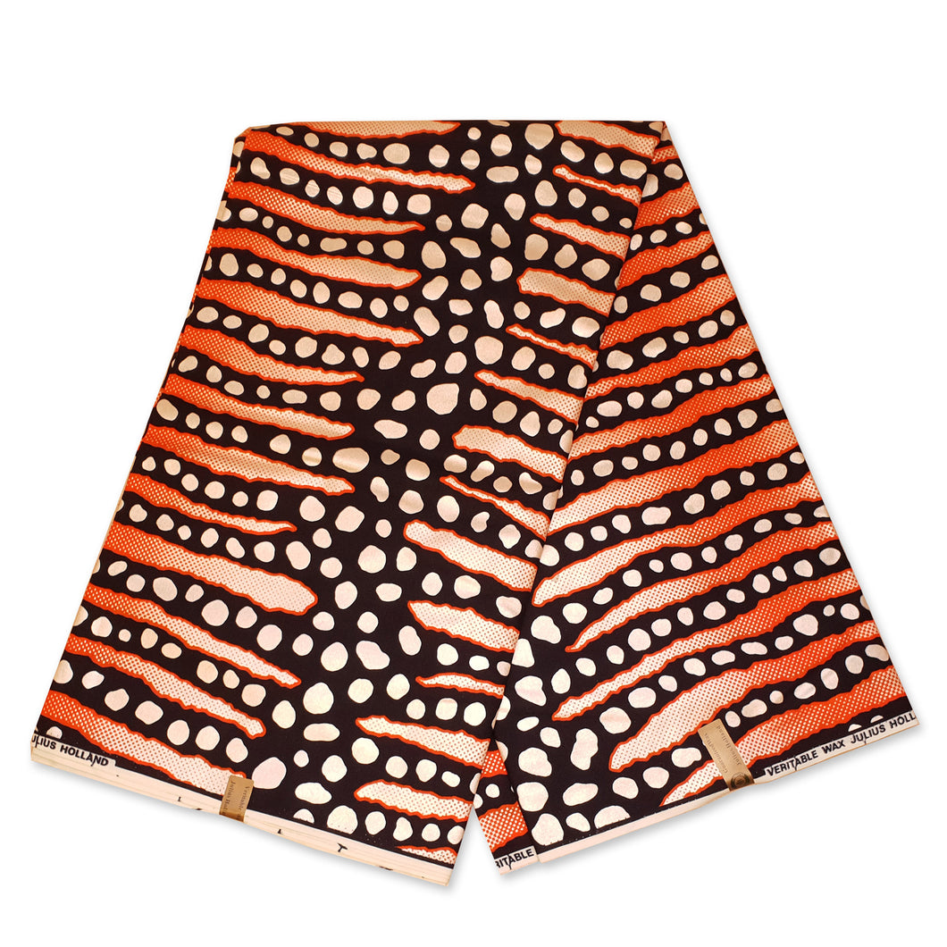 6 Yards - Afrikaanse Wax print stof - Zwart Oranje Modderdoek / Bogolan strepen ** Metallic Special **