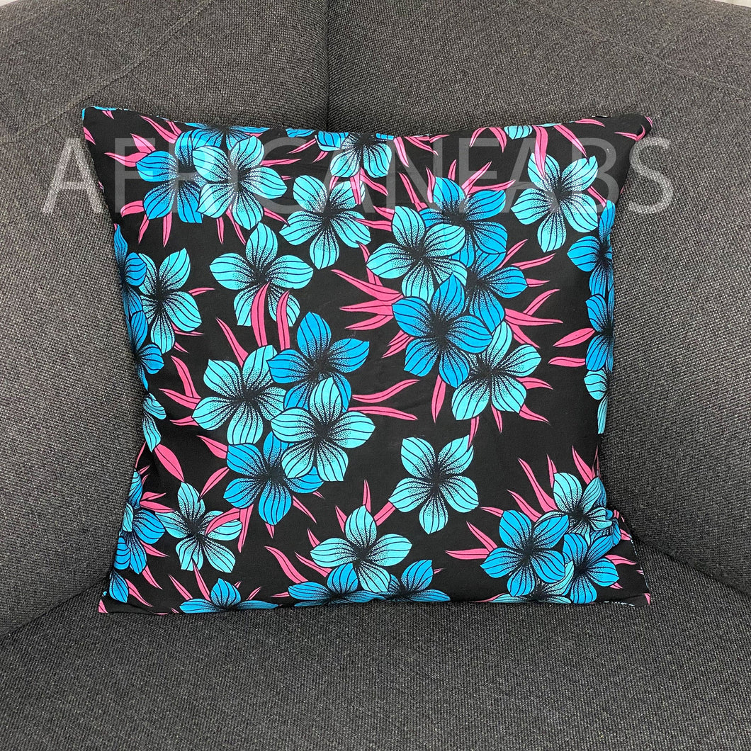 Housse de coussin africaine | Fleurs bleues - Coussin décoratif 45x45cm - 100% Coton