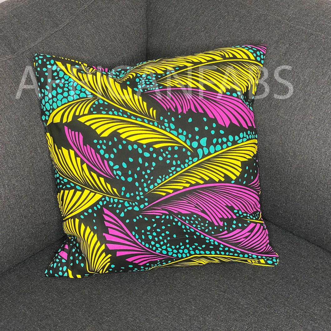 Afrikanischer Kissenbezug | Gelb-rosa Federn – Dekokissen 45 x 45 cm – 100 % Baumwolle
