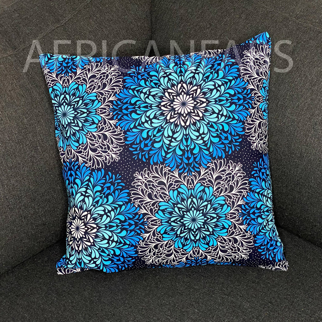 Afrikanischer Kissenbezug | Blaue Kristallblumen – Dekokissen 45 x 45 cm – 100 % Baumwolle