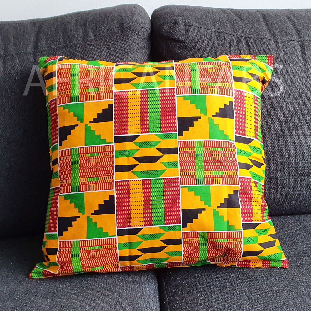 Afrikanischer Kissenbezug | Grün-gelbes Kente – Dekokissen 45 x 45 cm – 100 % Baumwolle