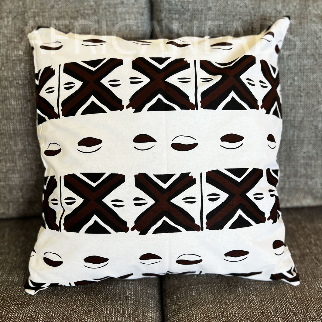 Afrikanischer Kissenbezug | Weißes Bogolan-/Schlammtuch – dekoratives Kissen 45 x 45 cm – 100 % Baumwolle