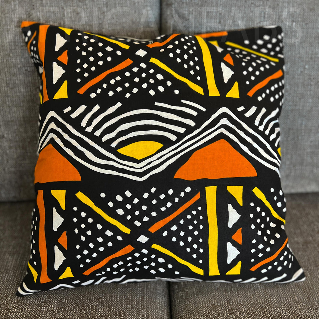 African pillow cover | Orange Bogolan / Mud cloth - Decorative pillow 45x45cm - 100% Cotton