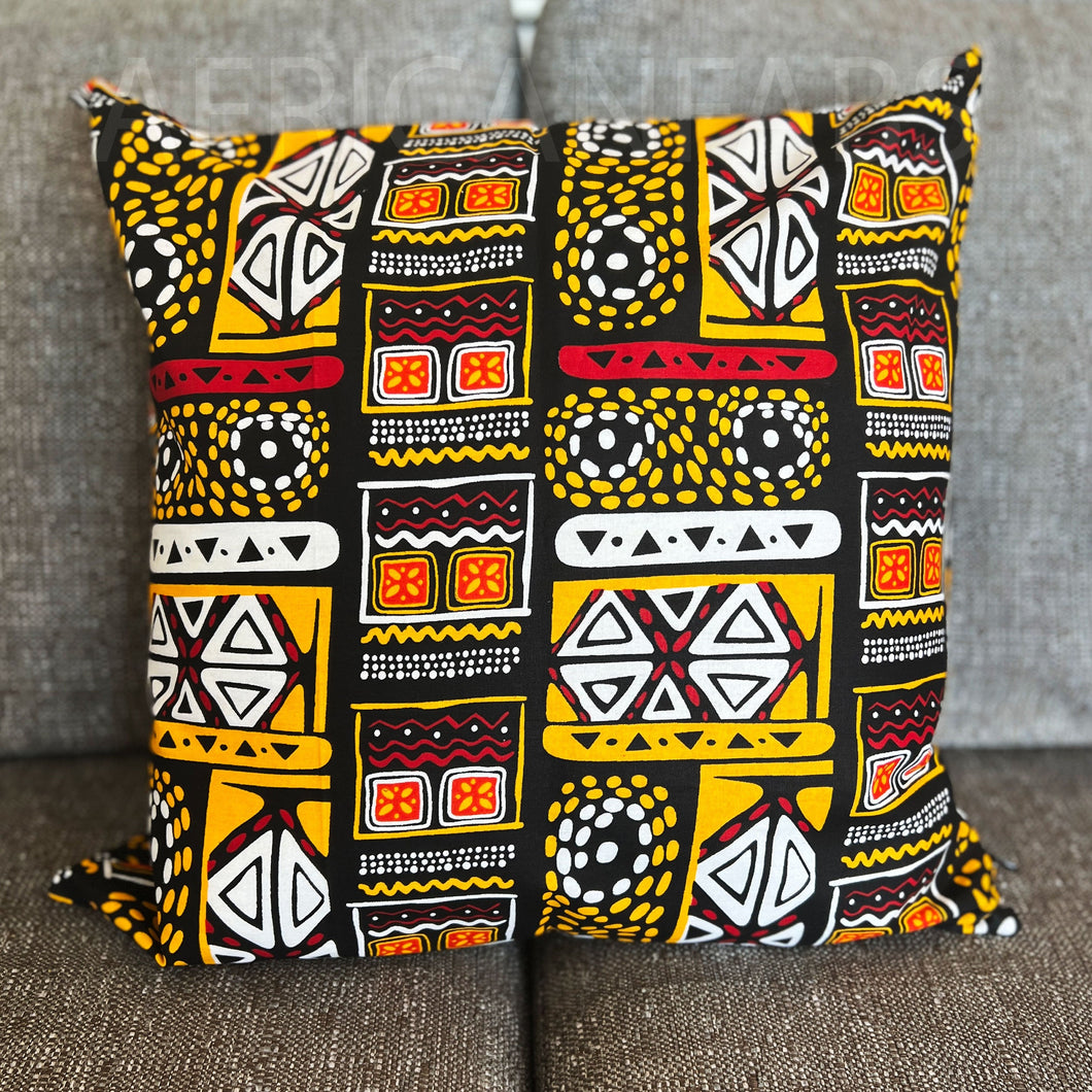 Afrikanischer Kissenbezug | Gelbes Bogolan-/Schlammtuch – dekoratives Kissen 45 x 45 cm – 100 % Baumwolle