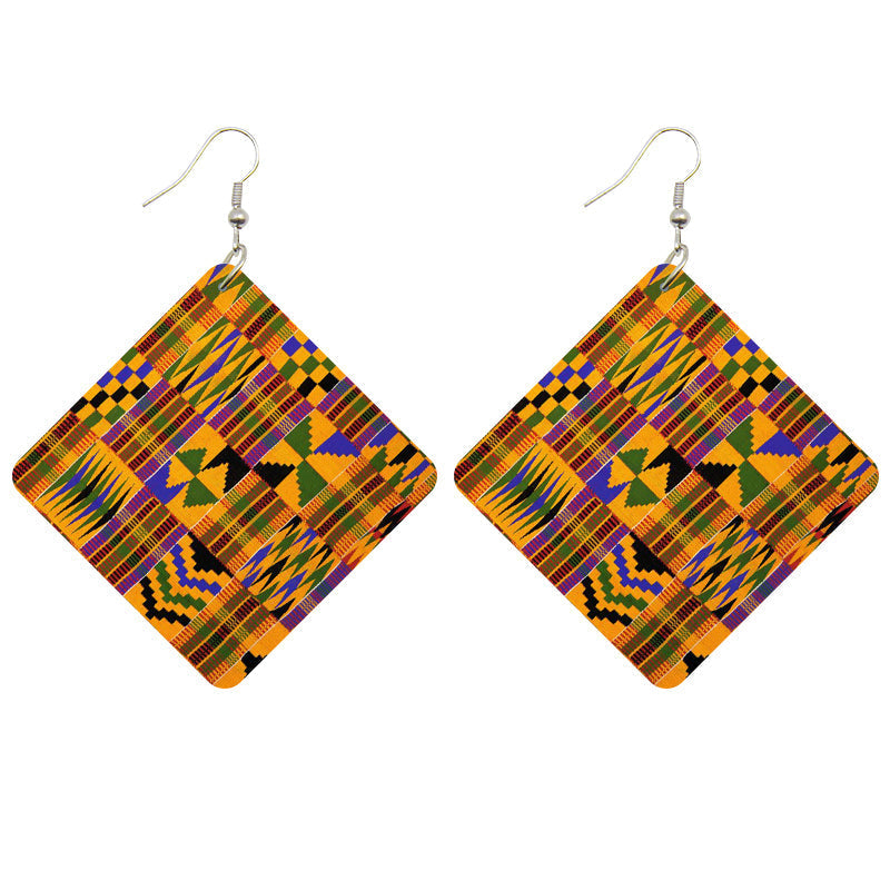 Afrikaanse print oorbellen | Houten oorbellen met vierkante Kente-print