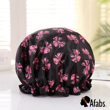 Load image into Gallery viewer, 10 pieces - LARGE Shower cap for full hair / curls - Black with pink ribbons
