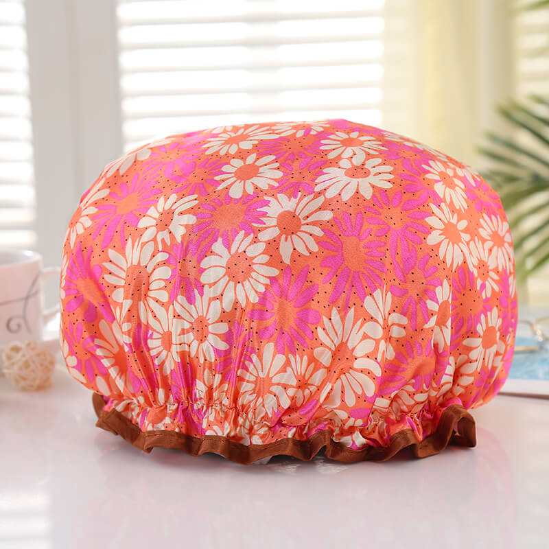 10 pieces - LARGE Shower cap for full hair / curls - Orange / pink with flowers