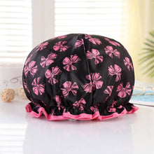 Load image into Gallery viewer, 10 pieces - LARGE Shower cap for full hair / curls - Black with pink ribbons &amp; pink edge
