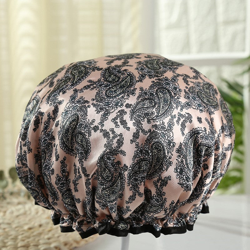 10 pieces - LARGE Shower cap for full hair / curls - Soft pink / Black rose leafs