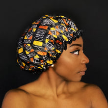 Lade das Bild in den Galerie-Viewer, 10 Stück - GROSSE Duschhaube für volles Haar / Locken - Afrikanischer Druck Braun / Beige Bogolan
