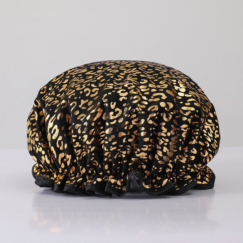 10 Stück – GROSSE Duschhaube für volles Haar/Locken – Schwarzgold-Effekt Leopard