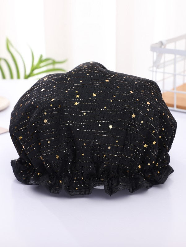10 pieces - LARGE Shower cap for full hair / curls - Black Gold effect Stars