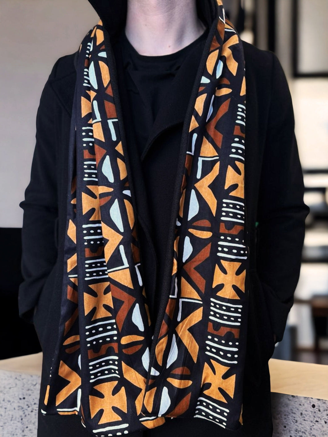 Wintersjaal met Afrikaanse print voor heren - Brown Cross Bogolan