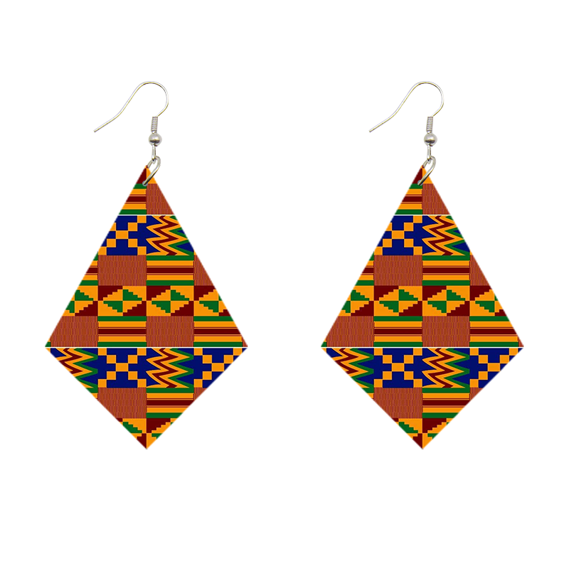 African Print Earrings | Rhombus shaped Kente print wooden earrings